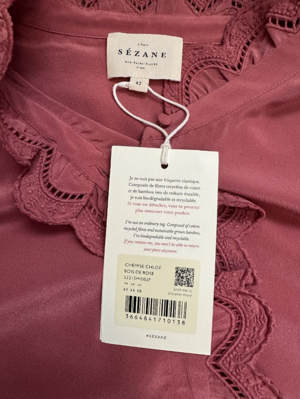 NWT SEZANE Chloe Silk Blouse Chemise Top Womens Size M FR Size 42 US 10 Rose - Picture 3 of 10